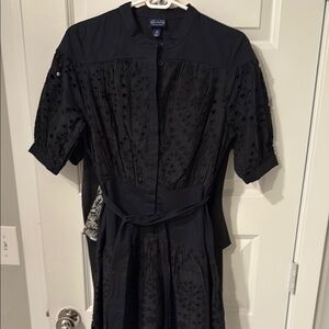 SCOOP XS 0 2  Black Buttoned Tie Front Dress EYELET SCOOP NECK LINED PUFF SLEEVE